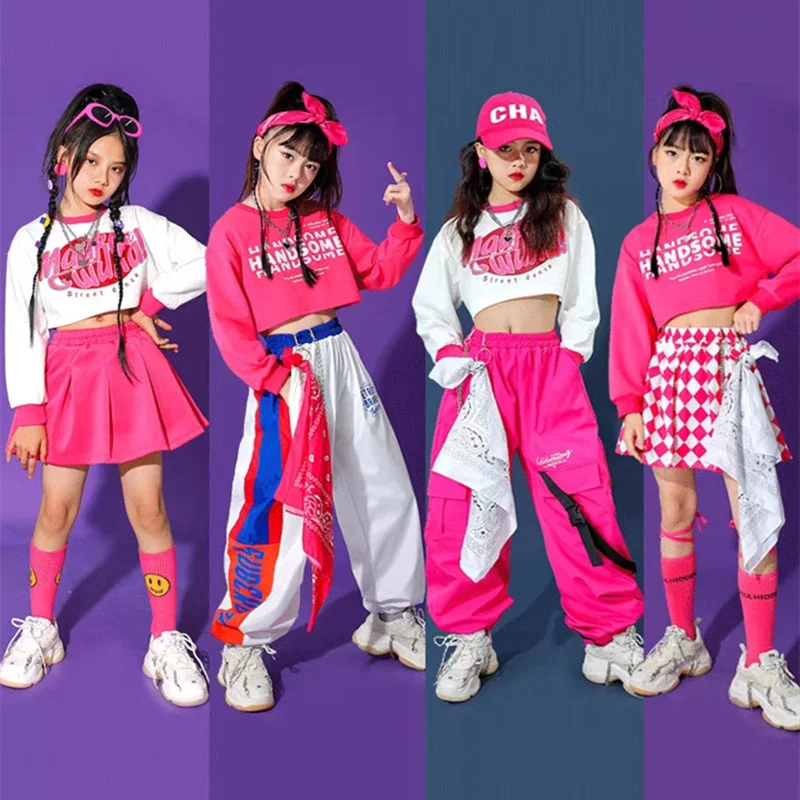 女の子ヒップホップクロップトップカーゴパンツ子供トレーナーチェック柄スカート子供ストリートジャズチアリーダーストリートダンス衣装服セット
