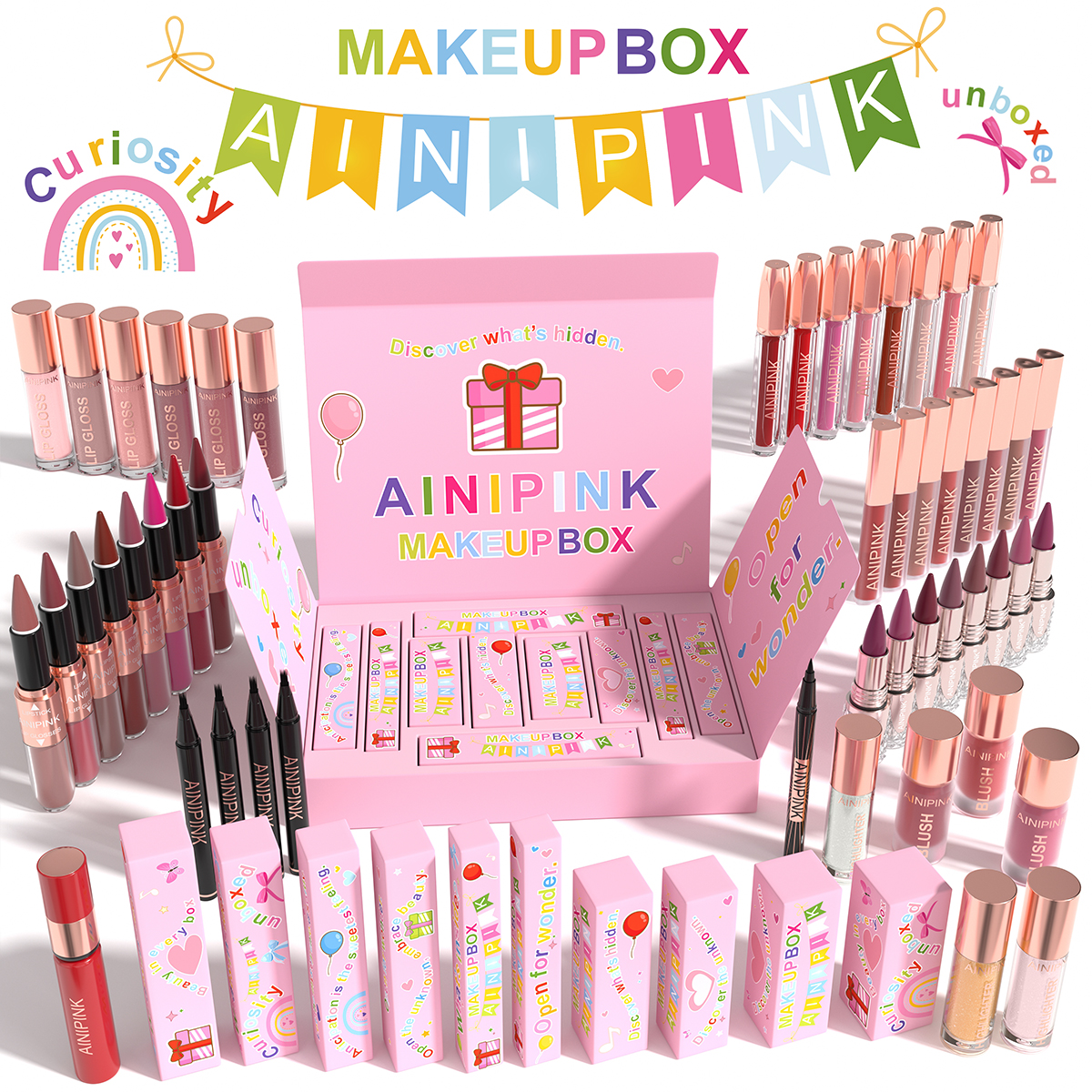 AINIPINK マルチカラー リップメイクボックス ギフトセット マットリップグロス リップライナー 保湿リップオイル 長持ち 防水 色あせしない 液体口紅 化粧品キット かわいいパッケージ ティーン ガールズ ホリデー 誕生日 ビュー