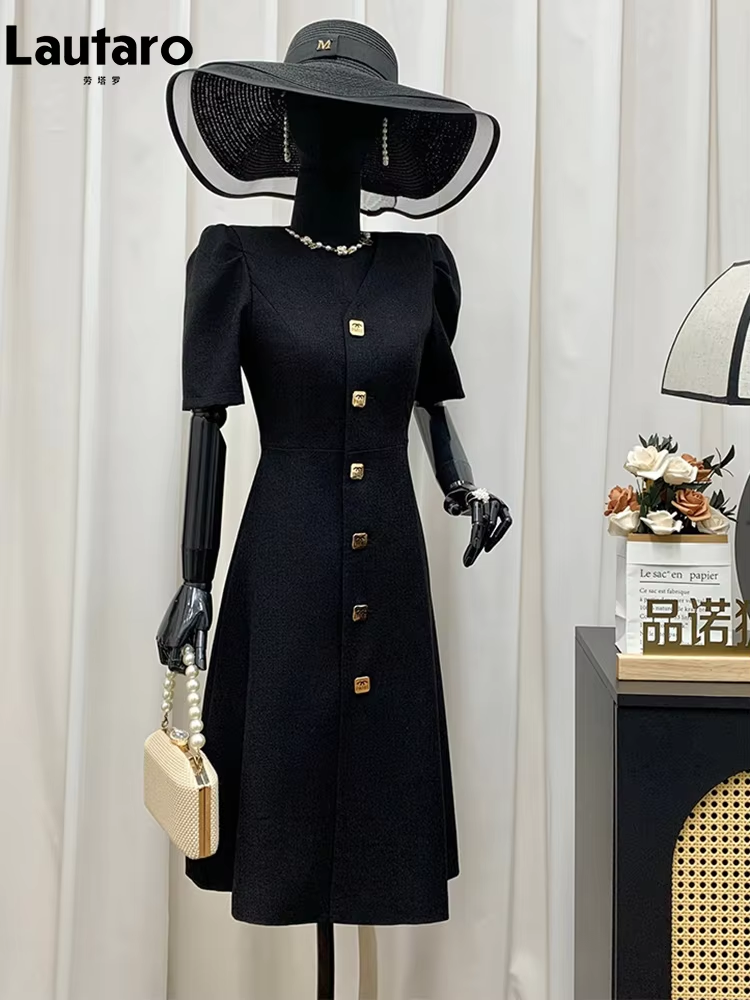 Lautaro 春夏エレガントな黒のフィットドレス女性のための V ネックパフ半袖ボタンシックな高級デザイナー服