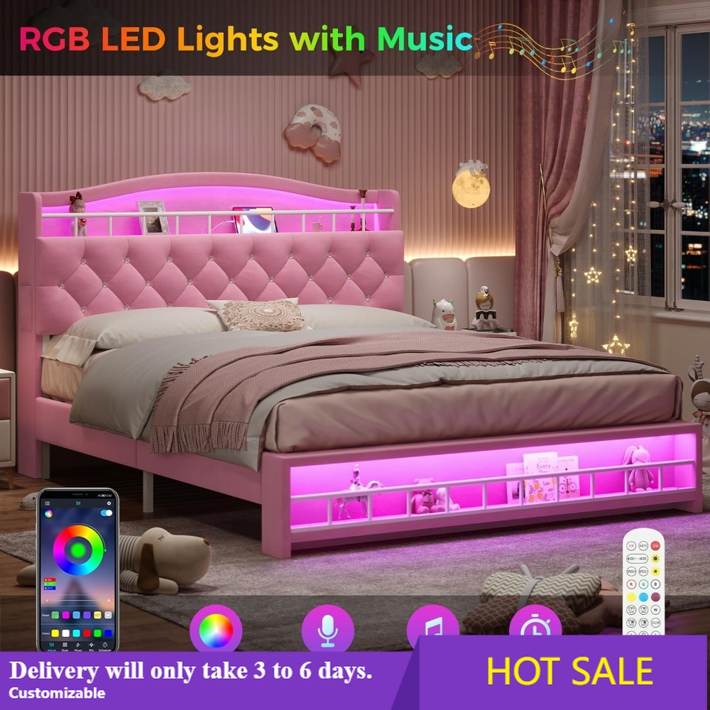 フルサイズのプリンセスベッド、LEDライト、充電ステーション付き