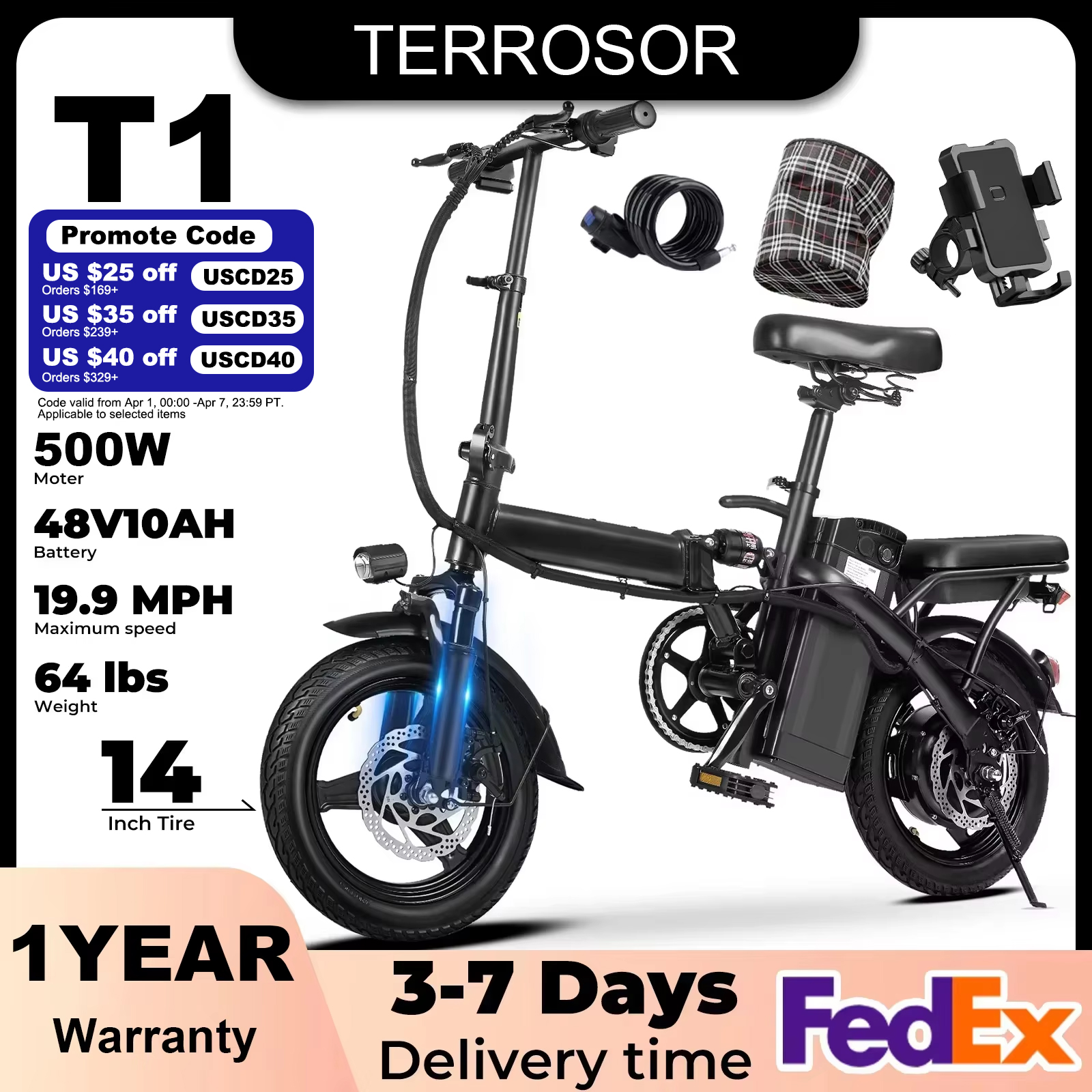 1年保証 500W 大人用電動自転車 20MPH 48V10.4Ah デュアルディスクブレーキ付き 14インチ 折りたたみ電動自転車 走行距離22マイル