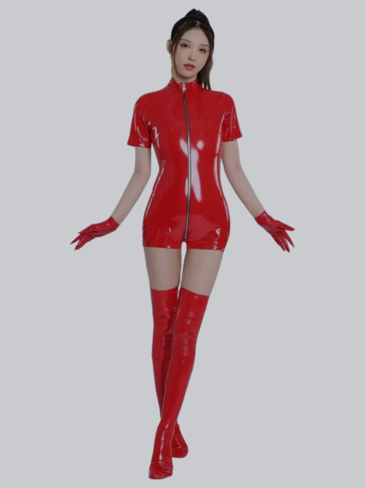 Sexy hot Short Sleeve Wet Look PVC Catsuit Playsuits Shiny PU Leather Two Way Zipper  Tights Body Teddies Leotard Unitard