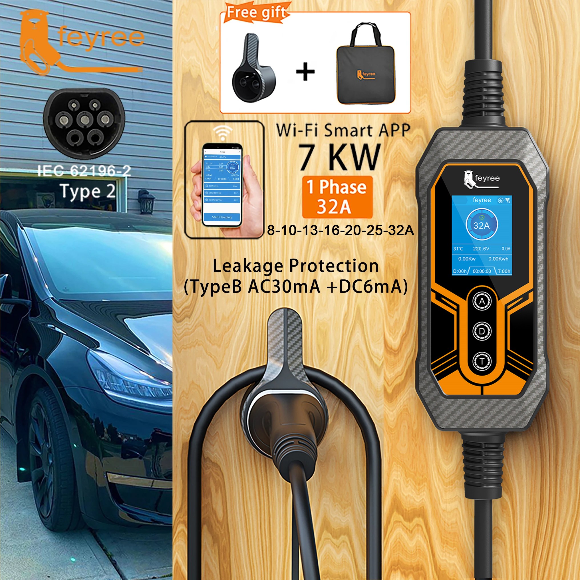 feyree ポータブル EV 充電器 Type2 32A 7KW EVSE Wi-Fi APP 制御調整可能な電流スマートタイミング充電家庭用