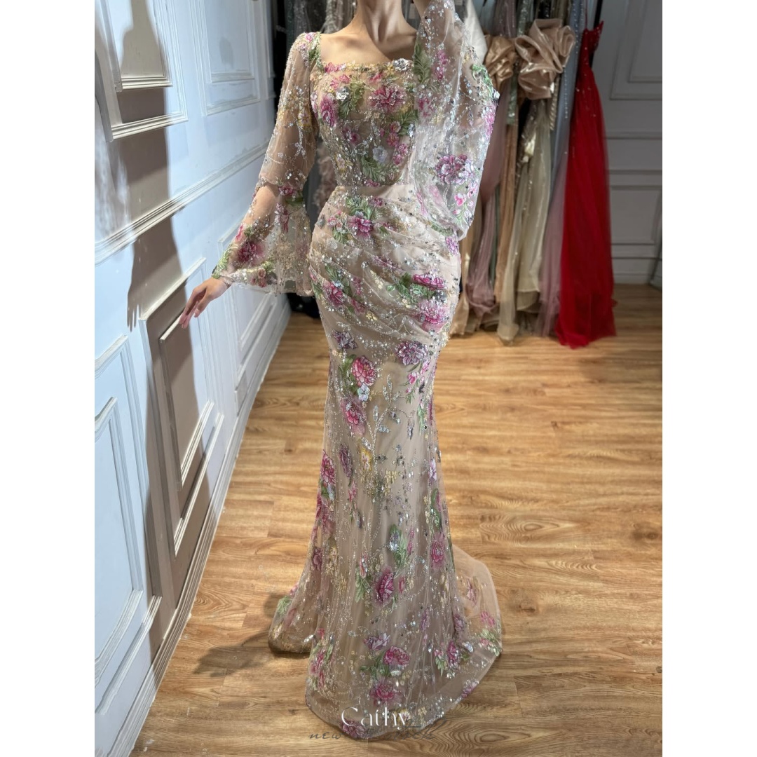Cathy カスタマイズされたシャンパンスクエアカラーレースアップリケウエディングドレス床長さのvestidos de noche 3Dフラワーイブニングドレス2026