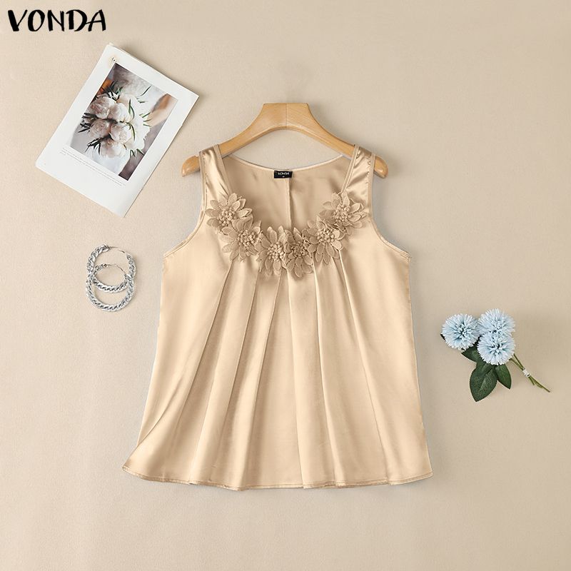 VONDA 2026 女性トップスセクシーなノースリーブビーチチュニック無地 V ネックタンクカジュアルファッションパッチワーク Blusas パーティーキャミソールルース