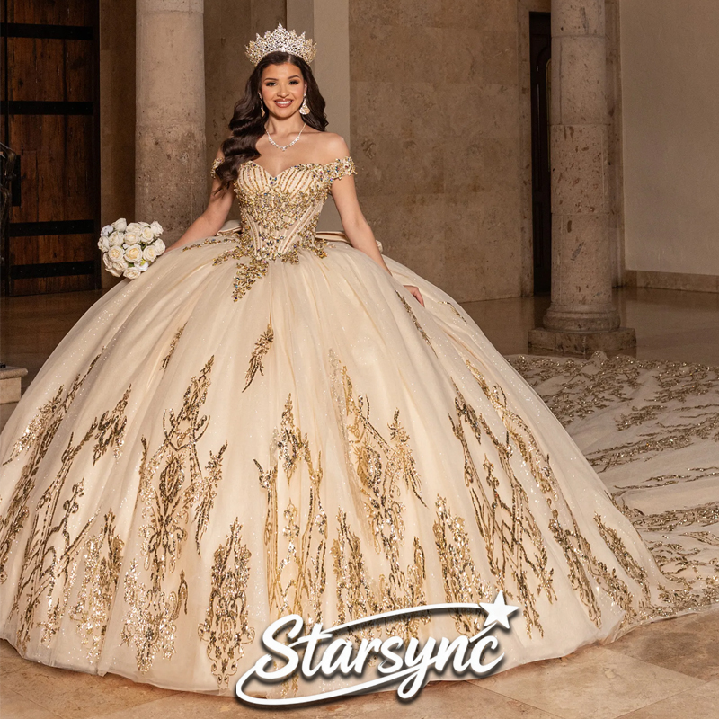 STARSYNC カスタマイズされたシャンパンキンセアニェーラドレスゴールドレースアップリケ夜会服ビーズリボンスイート 16 Vestidos デ 15 アノス