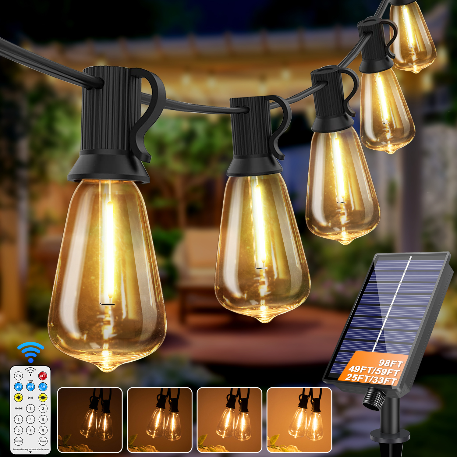 ソーラーグローブ LED ストリングライト G40 パティオライト USB 充電器 8 ライトモードリモコンガーデンソーラー耐候性ハンギングライト