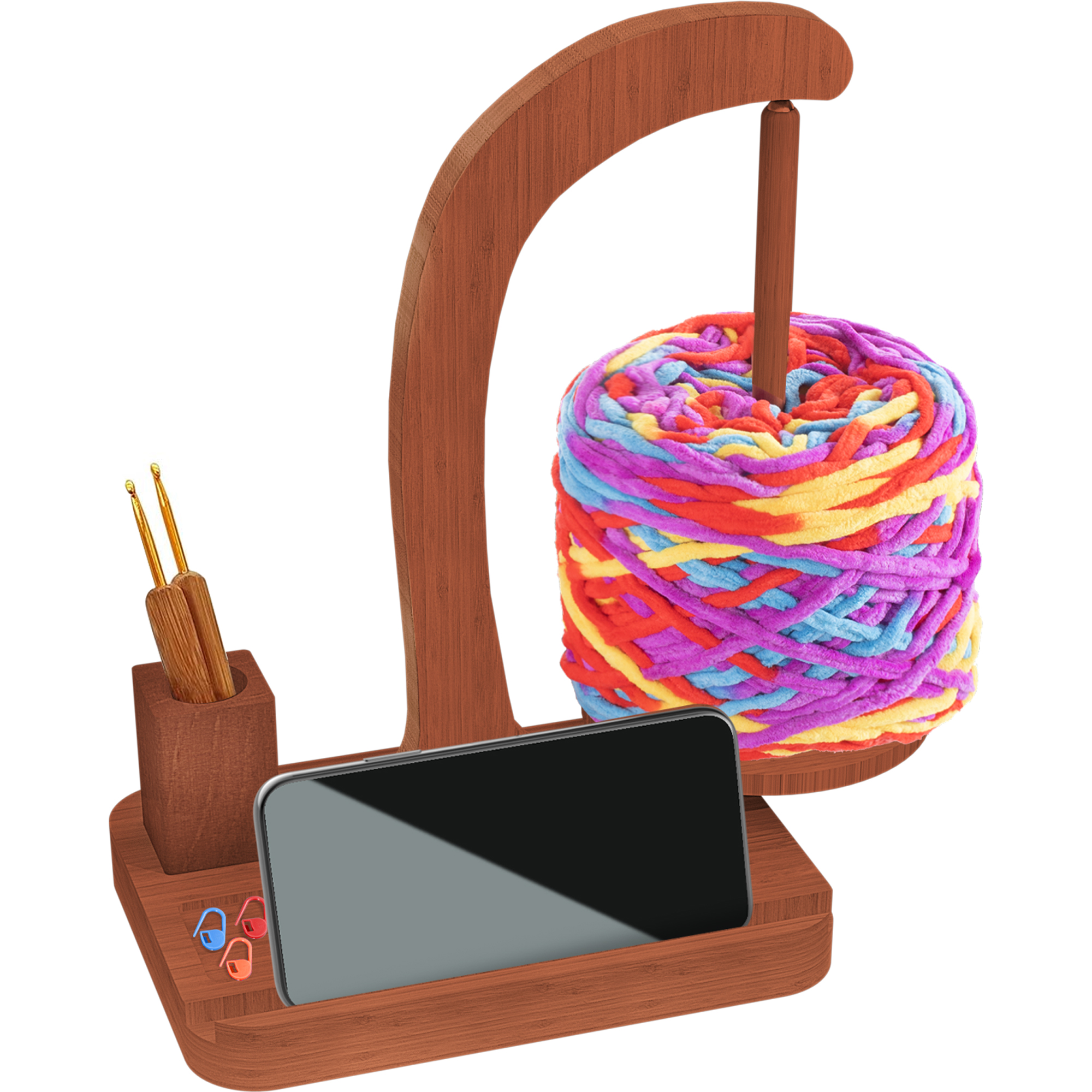 アップグレードされた糸ホルダー木製糸ターンテーブルかぎ針編みアクセサリー収納と電話ホルダー糸ボールホルダー糸スピナー付き
