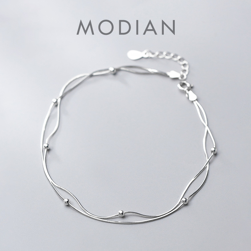 Modian 高品質二重層スネークチェーンアンクレット女性ガールハートロブスタークラスプフィットビーズチャームアンクレットファインジュエリー
