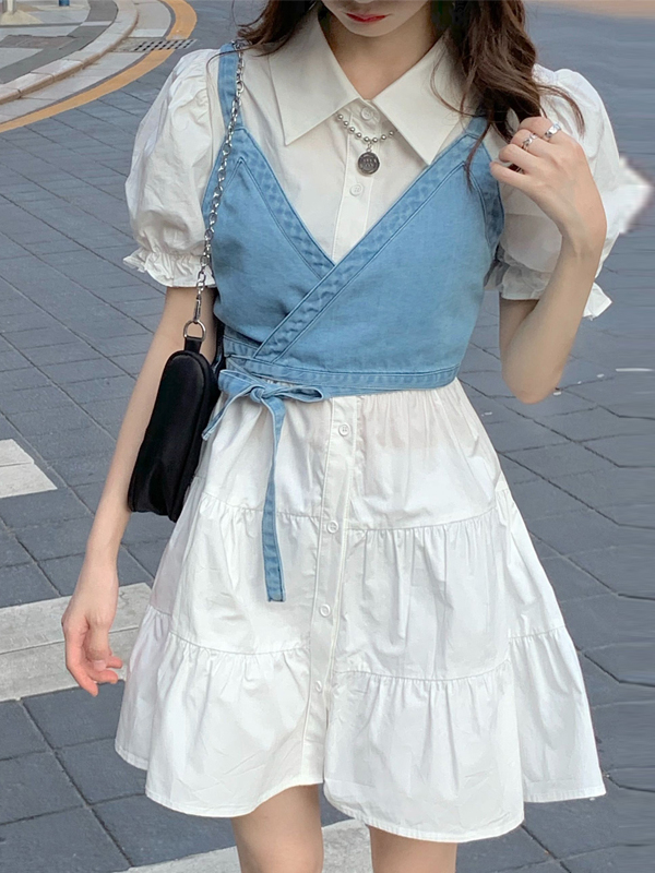 韓国スタイルカレッジ風デニムストラップベストデザイン感覚小さなアウターシャツドレス 2 点セット女性の夏