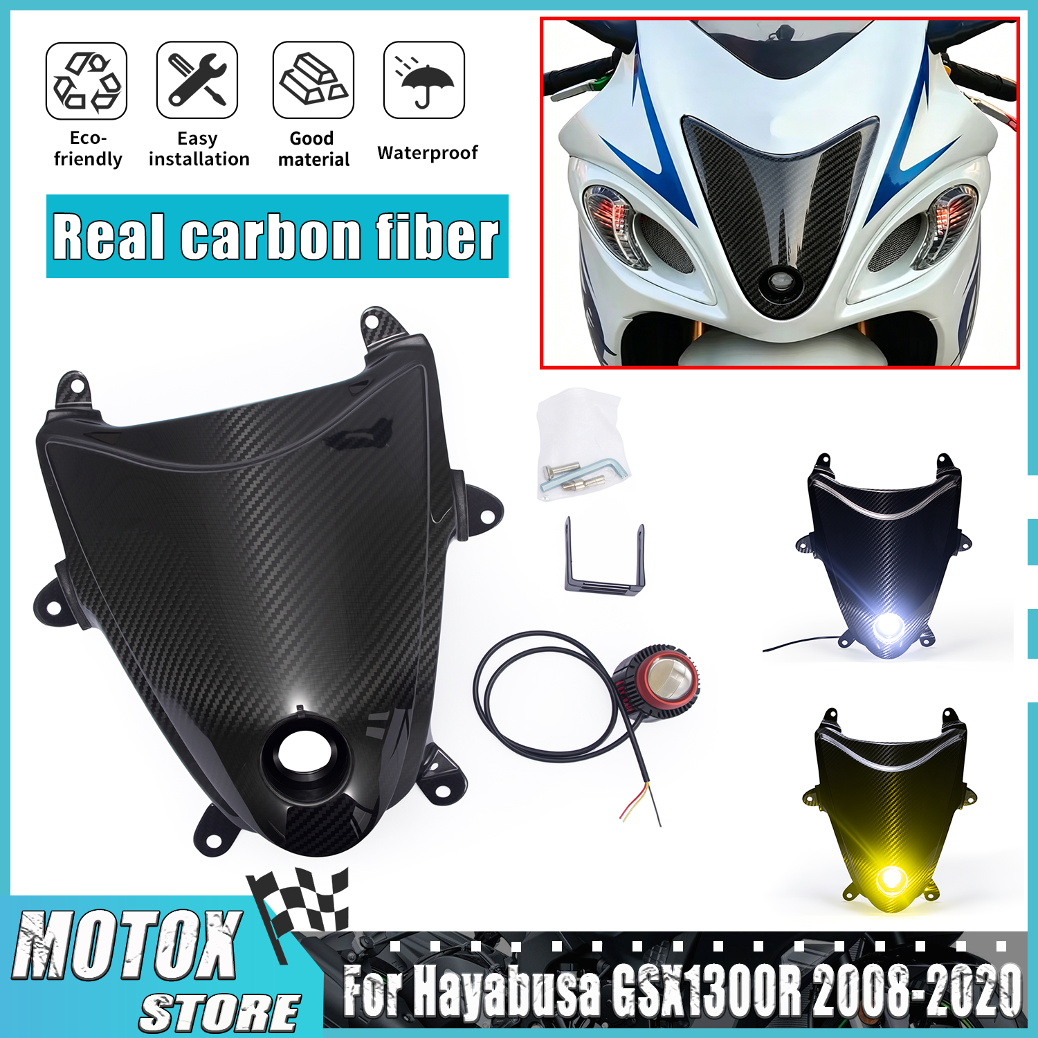 リアルカーボンファイバースズキ隼 GSXR1300 2008-2020 ヘッドライトアセンブリ GSX1300R ヘッドランプ 09 10 11 12 13 14 15 16 17 18