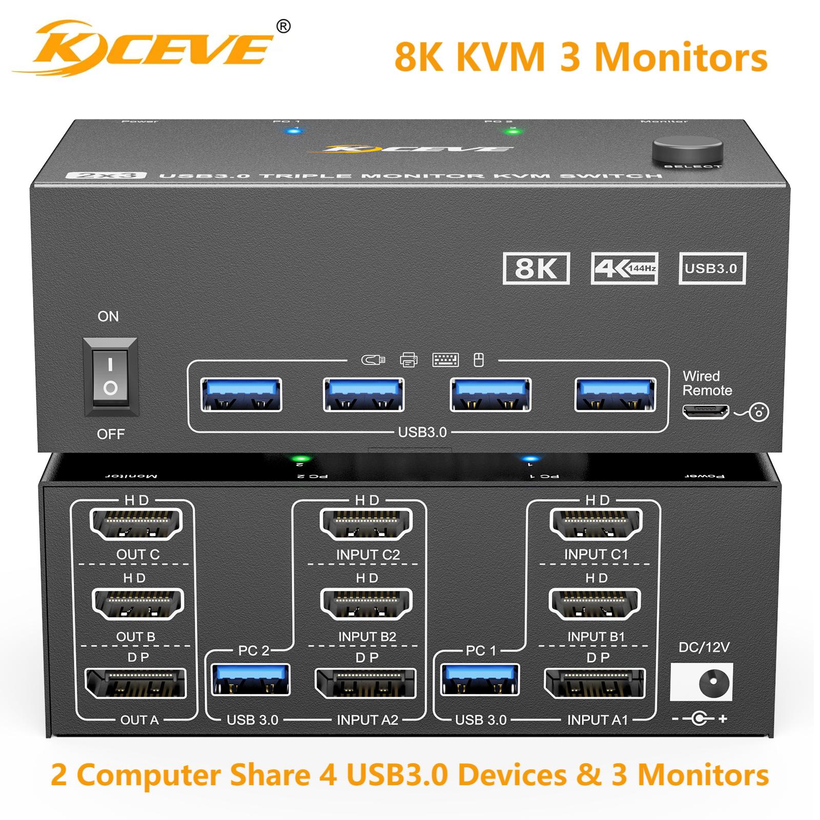 KCEVE 8K Tripe 3 モニター KVM スイッチャー USB 3.0 ハブ HDMI 互換 DP ドッキング ステーション スイッチ セレクター 2 台のコンピューター共有キーボード