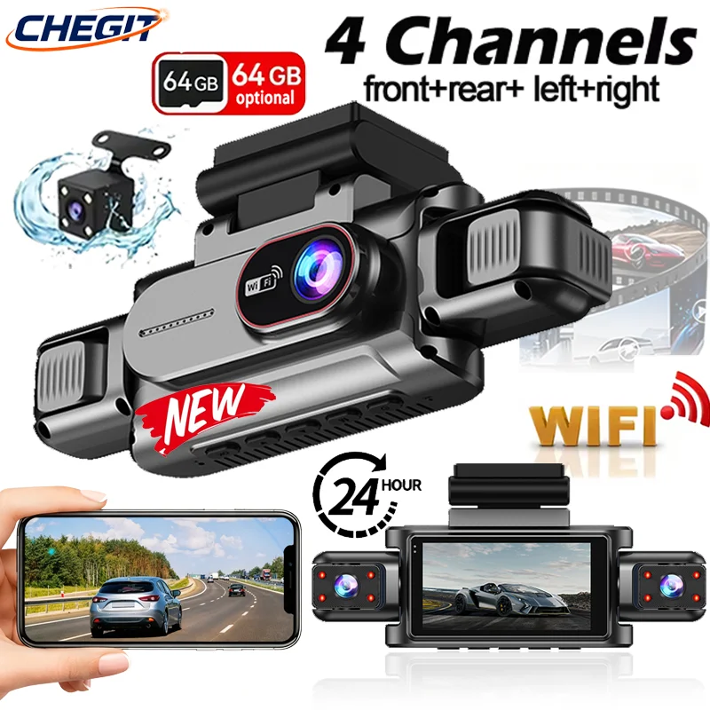 1080P WiFi ダッシュカム 360° 車録画カメラ 3/4 レンズ付き自動車 DVR フロント左右リアビューカメラ車両安全用