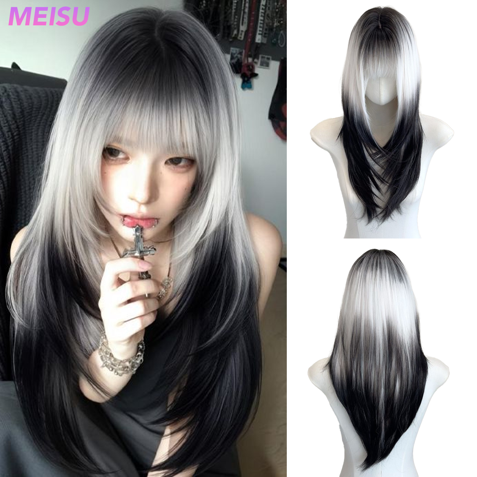 MEISU 24 インチストレート前髪ウィッグ黒、白合成繊維レイヤードヘア耐熱ナチュラルスムーズ拡張髪 Selfie パーティー