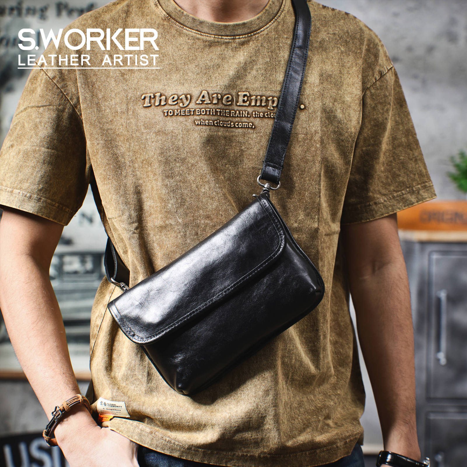 S.WORKER 本革メンズ ショルダーバッグ、クロスボディバッグ シンプルな牛革バッグ、植物タンニンなめしのトップレイヤーレザー ファッション カジュアル