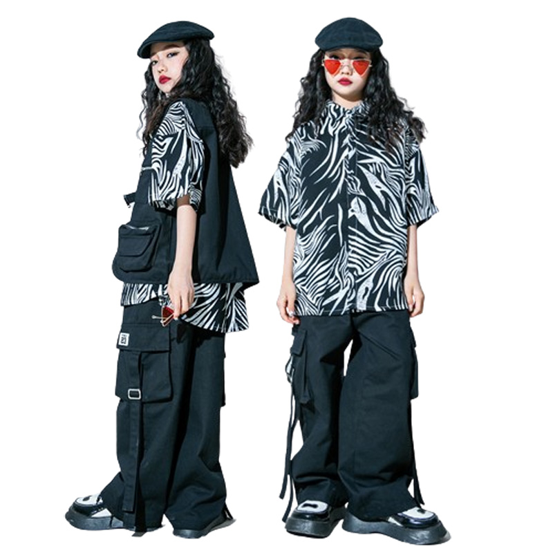 子供ヒップホップ服ゼブラプリントシャツ黒ベストカーゴパンツショーツガールボーイジャズダンス衣装服