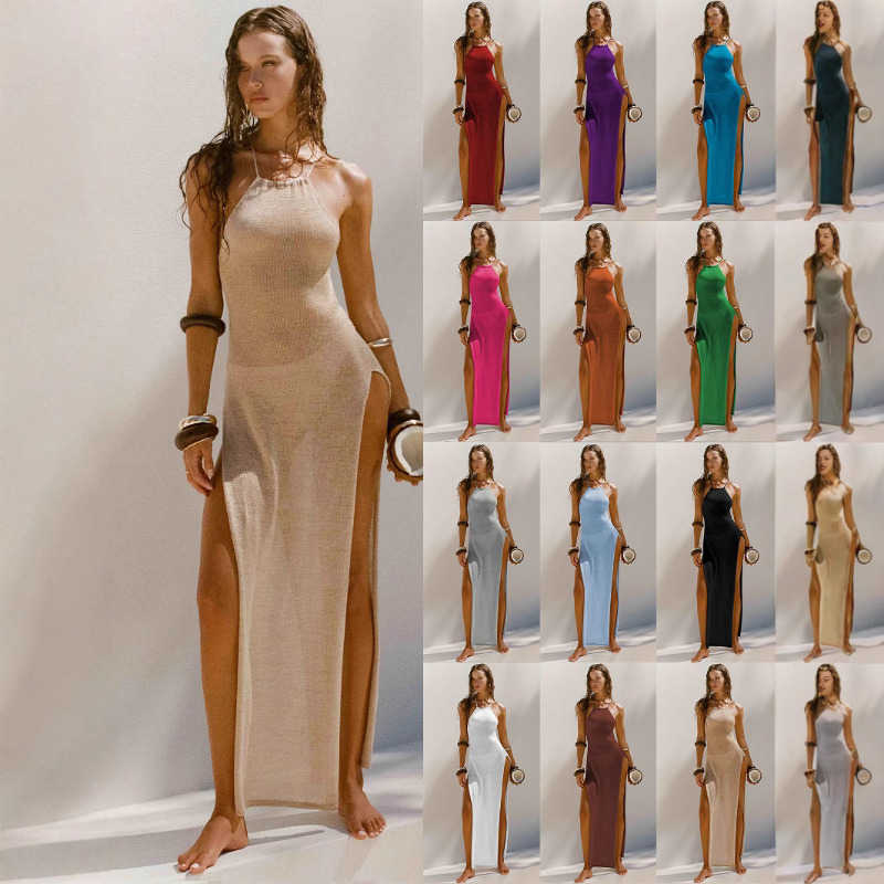 女性のカジュアルドレス女性ソリッドホルターネックスプリット太ももニットマキシドレス夏のビーチ休暇カバー Vestidos 2026 Tendencias