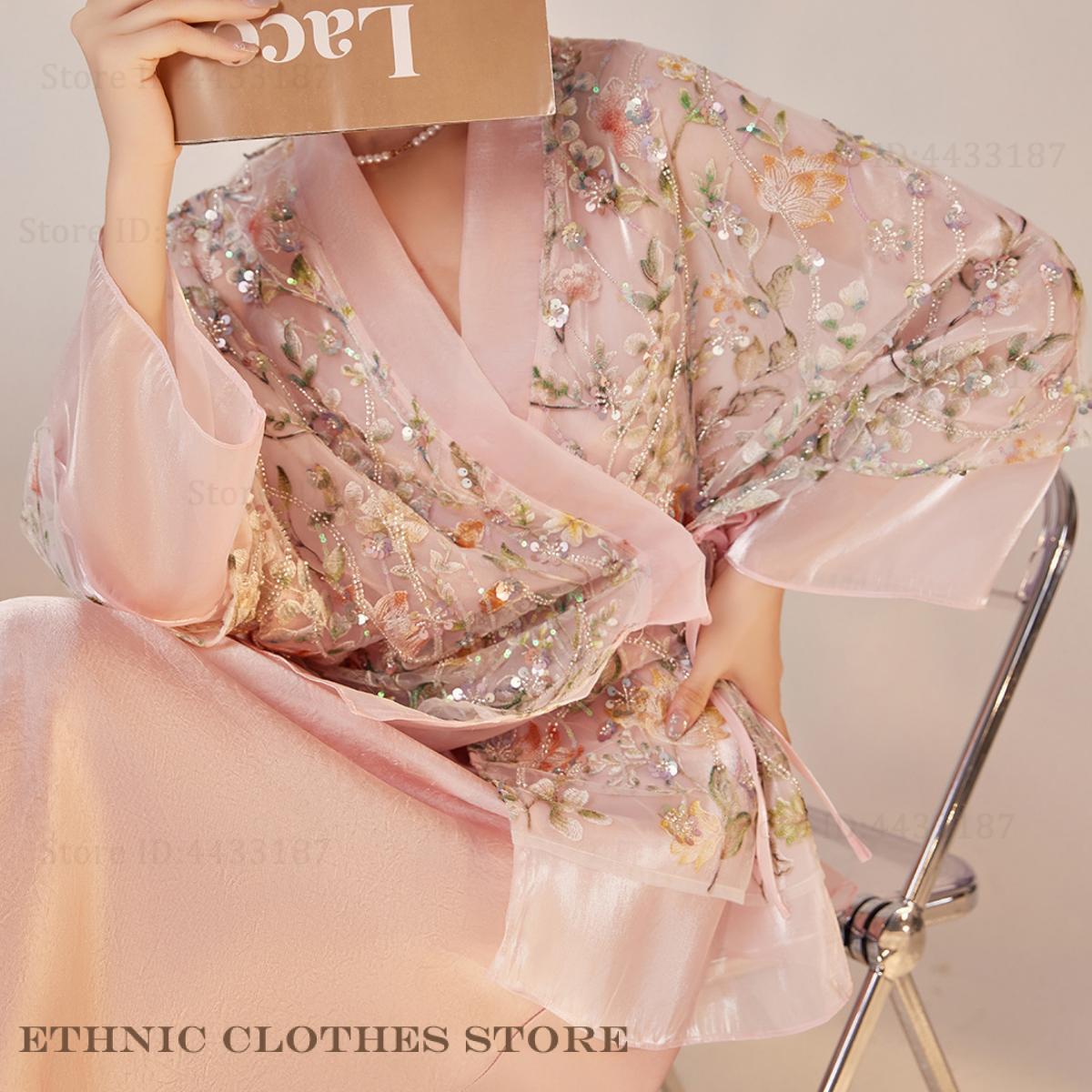 Japanese Women's Kimono Gown Cardigan Haori Yukata Top Luxury Embroidered Sequin Mesh Coat Retro Chinese Satyle Jacket Shirts