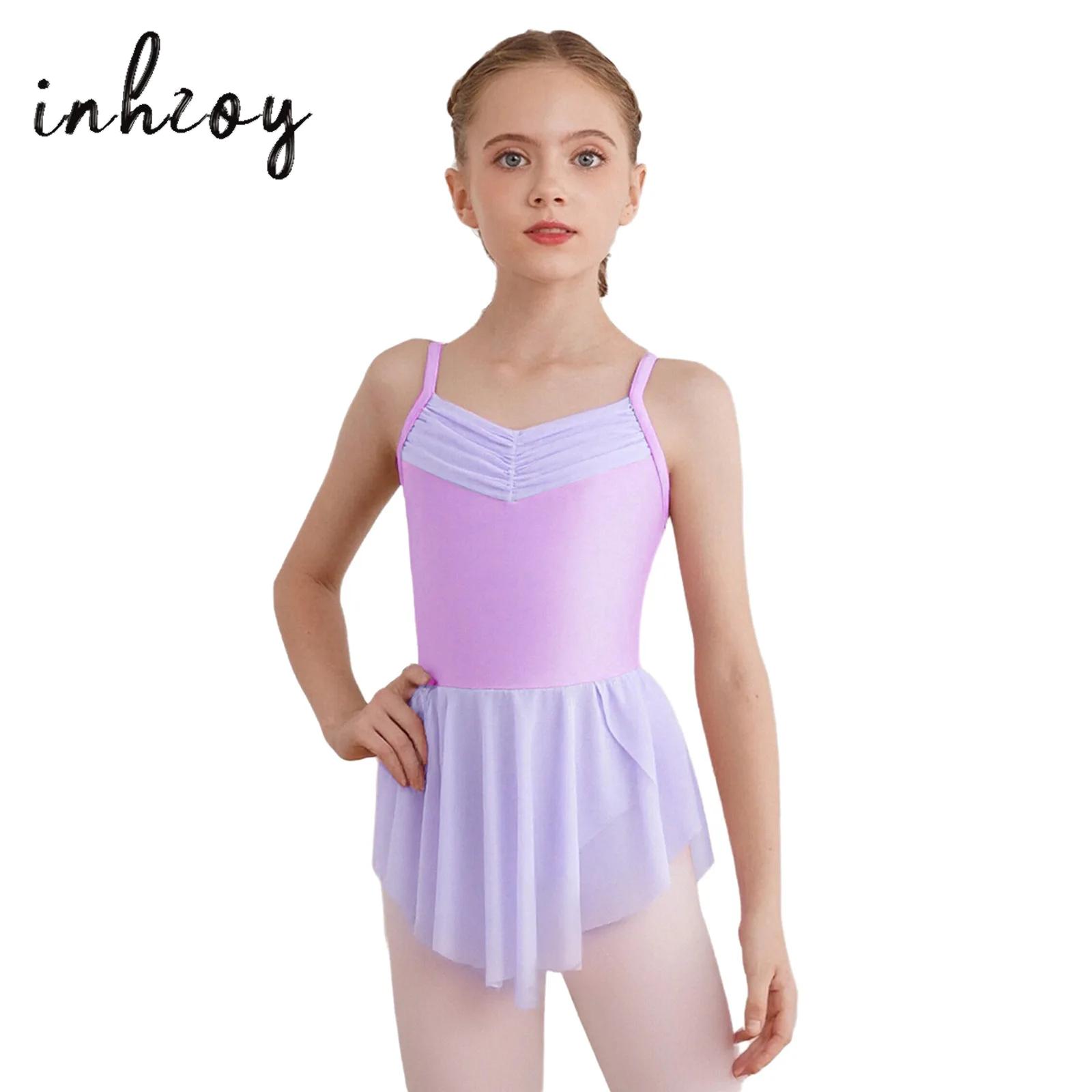Kids Girls Ballet Dress Spaghetti Straps Sides Ruched V-Neck Split Dance Leotard Dresses Ballerina Practice Performance Costume