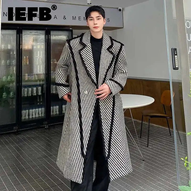 IEFB 冬メンズウールロングコート肥厚織りツイルラペルウールオーバーコート韓国スタイルウインドブレーカートレンド秋の新 9C3302