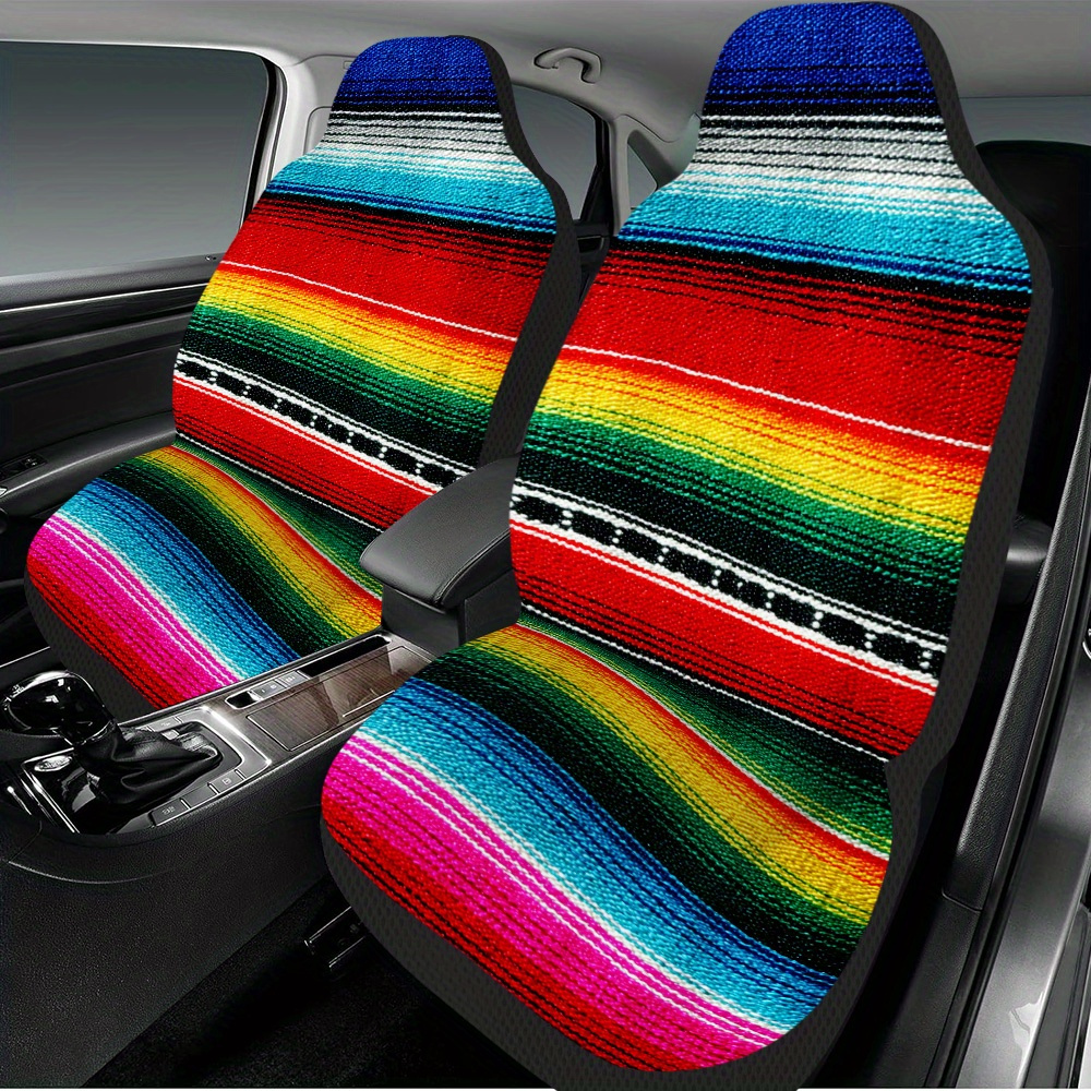 鮮やかなメキシコストライプのカーシートカバー 2 個セット - 車、SUV、セダンに適したユニバーサルフロントシートプロテクター。