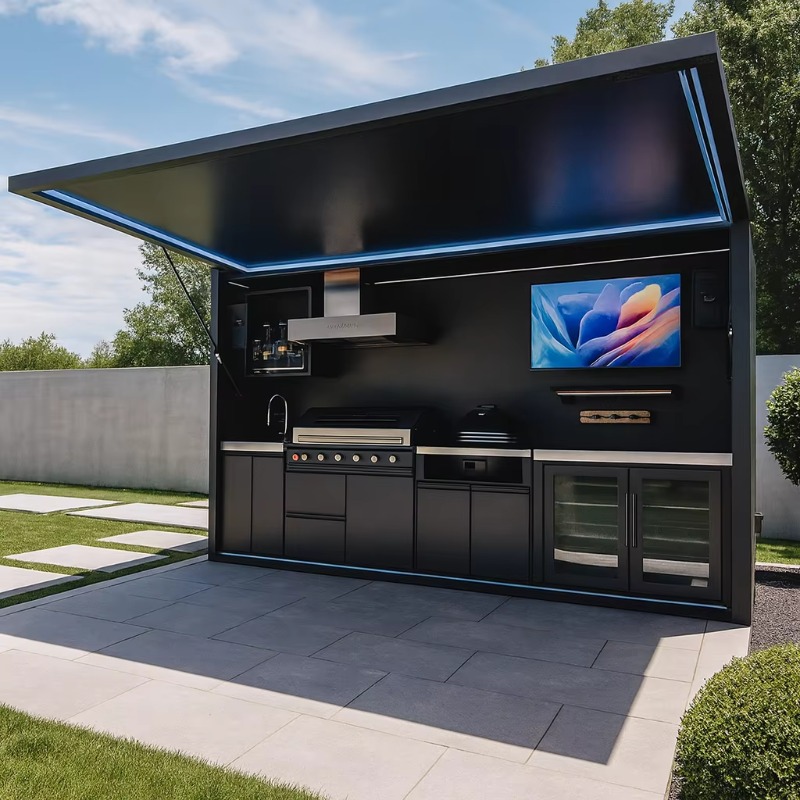 Customized Black/grey Garden/patio Outdoor Bbq Kitchen Pod with Door Weatherproof 304 Stainless Steel Outdoor Kitchen with Shed