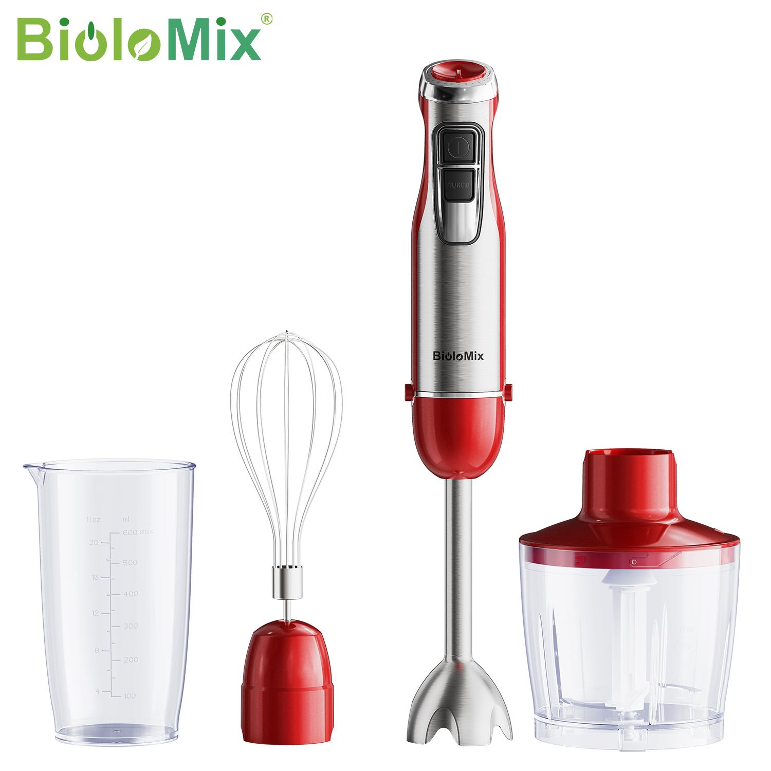 BioloMix 4-in-1 ハンドスティックブレンダー 1200 ワットステンレス鋼浸漬ミキサーチョッパースムージーカップアイスブレード離乳食用