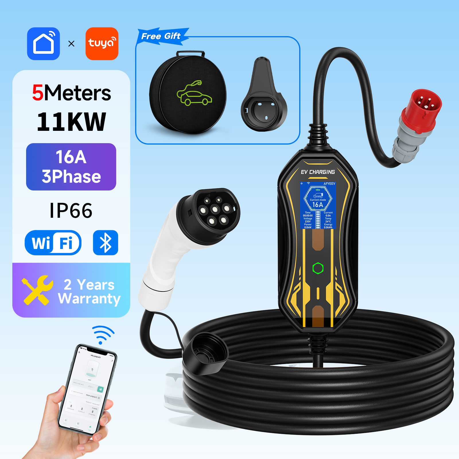 11KW ポータブル EV 充電器 Type2/GBT WiFi アプリ制御 16A 5 メートルケーブル電気自動車ホーム急速充電ウォールボックス