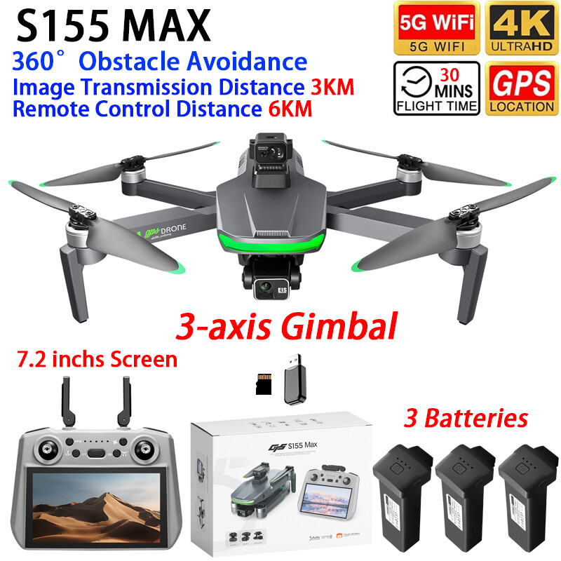 S155 MAX ドローン GPS WIFI 3KM FPV 3 軸ジンバル 2.7K デュアルカメラ 360° 障害物回避 クアッドコプター 7.2 インチ スクリーンコントロール