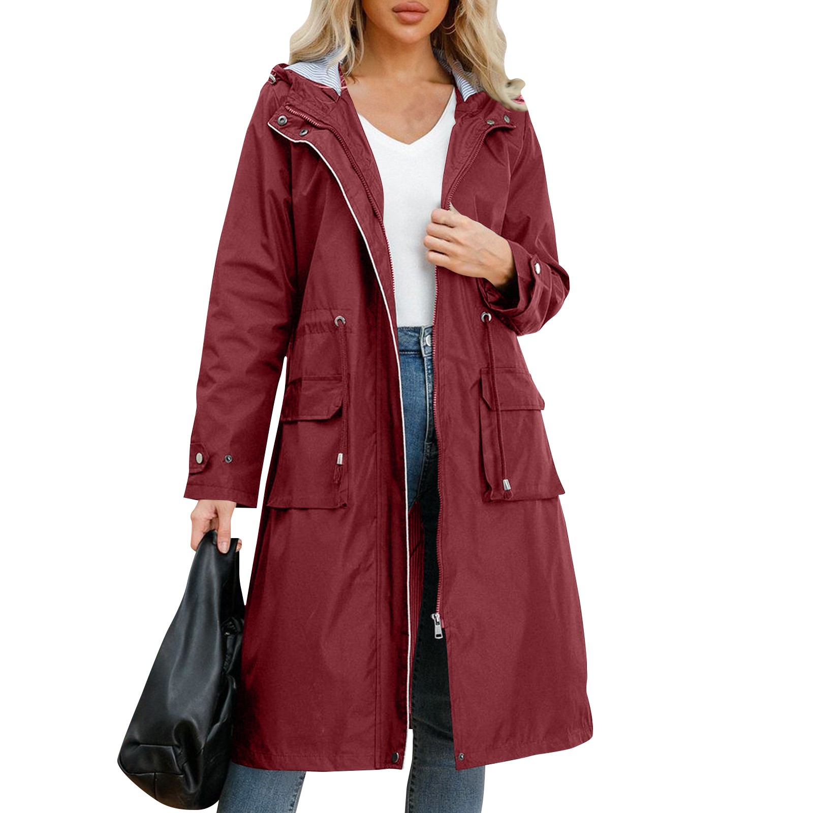 Women's Solid Colored Hooded Long Sleeved Trench Coat With Striped And Straight Tube Jacket Elegant British Style Windbreake