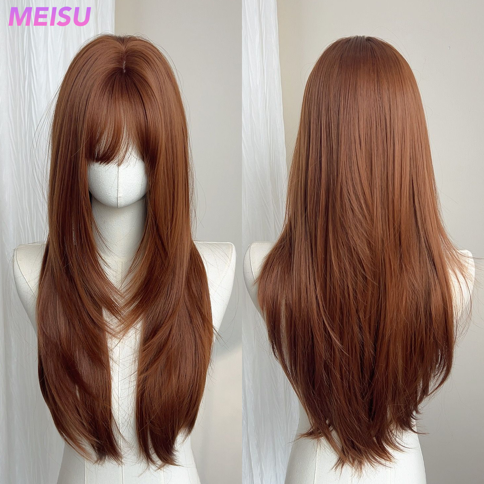 MEISU 26 インチストレート合成かつらレイヤードダークオレンジ耐熱性自然な滑らかな髪スタイリッシュなパーティー前髪ウィッグ女性のための