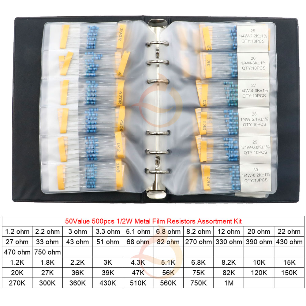 500 個 50Value 1% 1/2W 金属皮膜抵抗器サンプルブック 0.5W 1.2R-1M DIY MIX 抵抗器盛り合わせキット