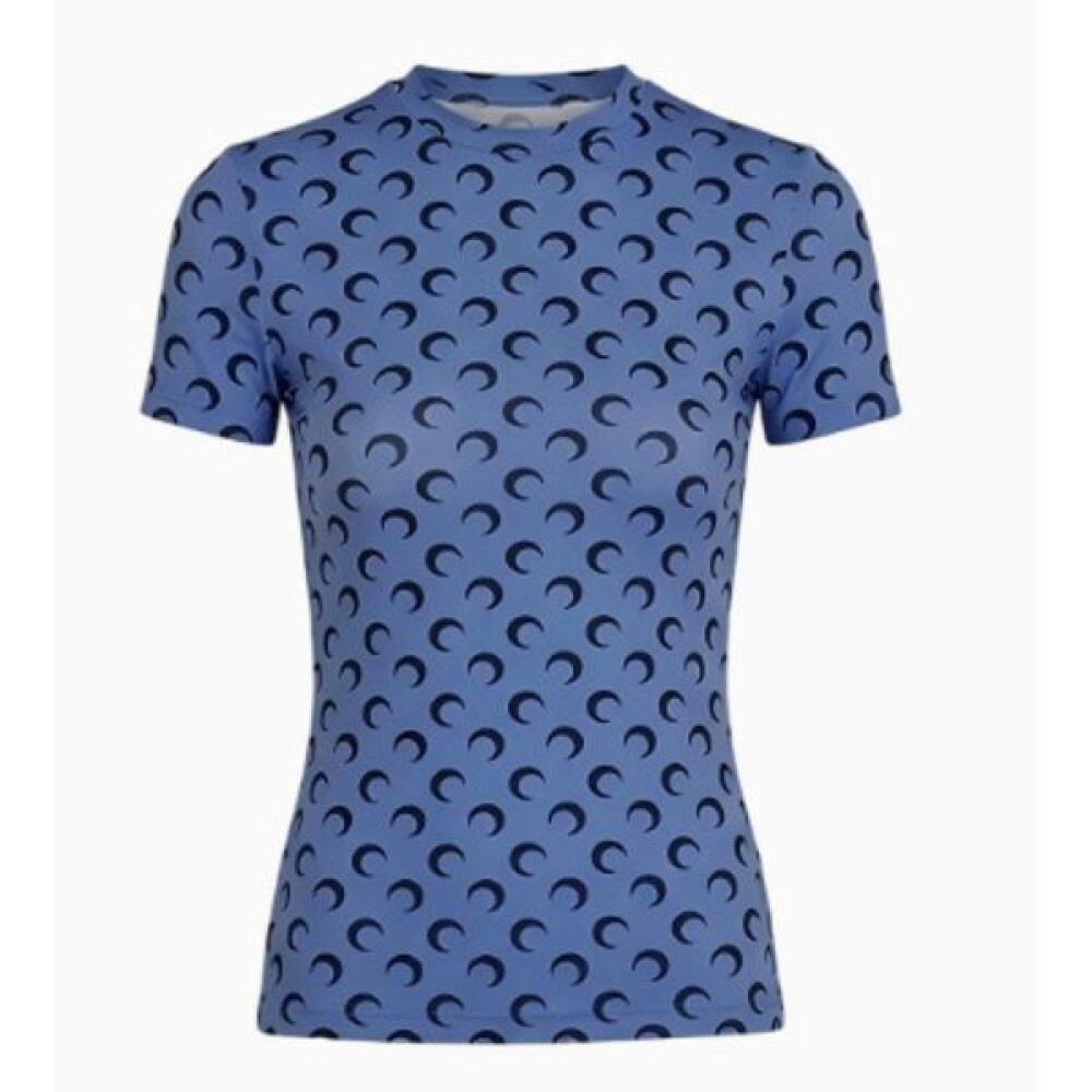 スリムフィット女性のブルーブラックムーンプリントハーフハイカラー半袖 Tシャツ弾性多用途夏のハイストリートファッショントップ