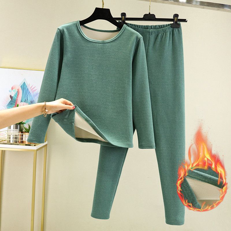 暖かい底入れ女性のパッド入りと厚みのあるインナーウェア秋服とパンツ着用ウール暖かい下着 2 点セット
