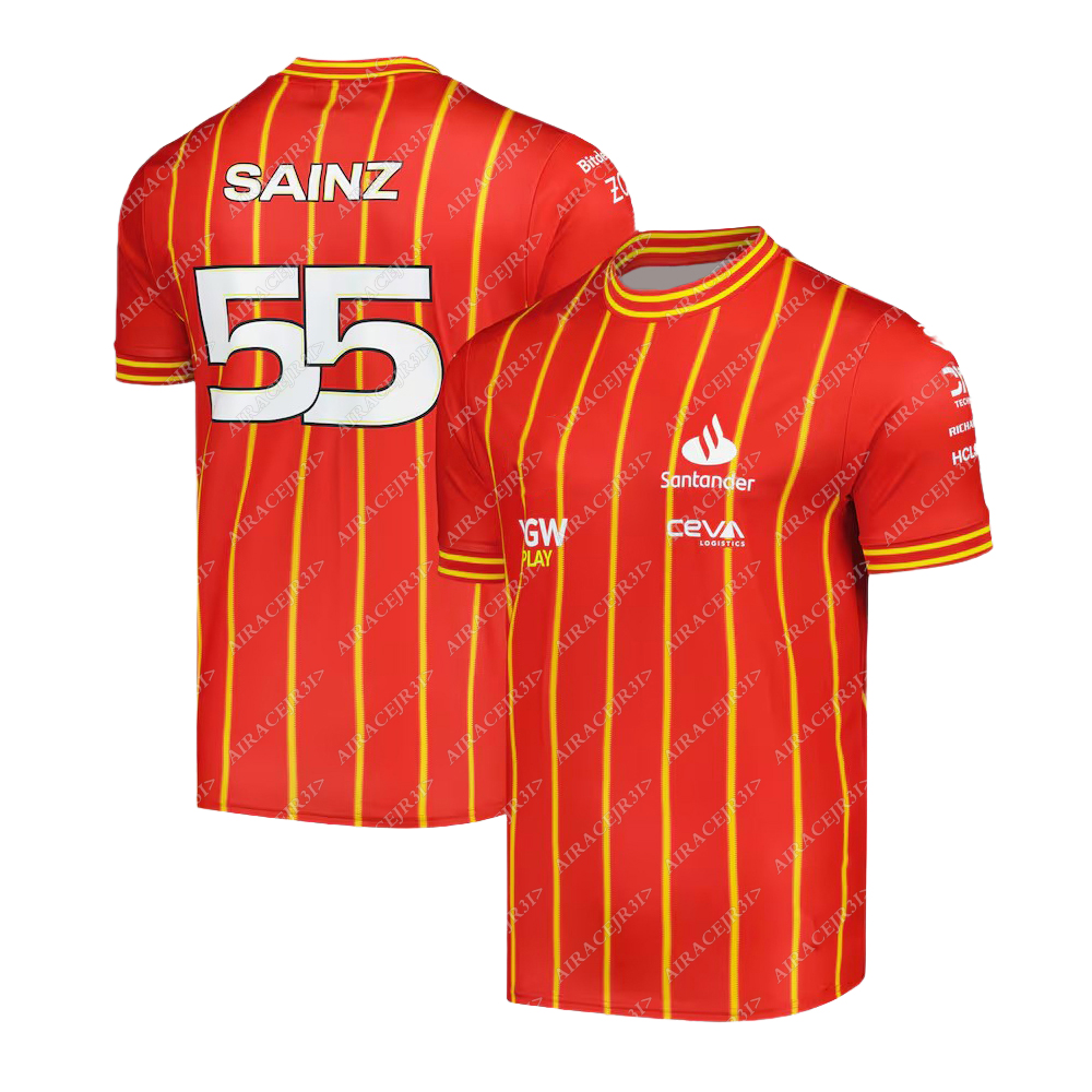 夏用フェラーリ Tシャツ ドライバー サインツ 55 公式チーム モータースポーツ レーシング レッド 速乾性