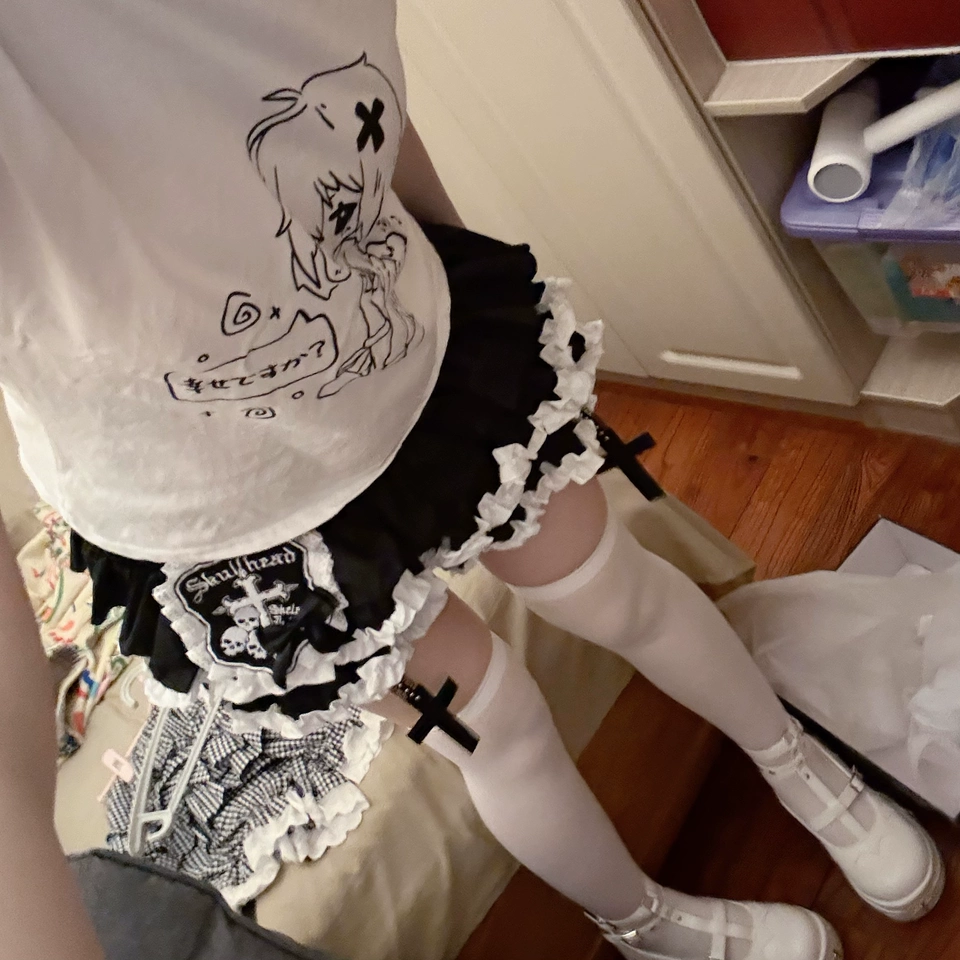甘いゴシックロリータスタイルクロスパッチワークスカートパンツ女性夏黒フリルミニケーキスカート原宿パンクガールファッション