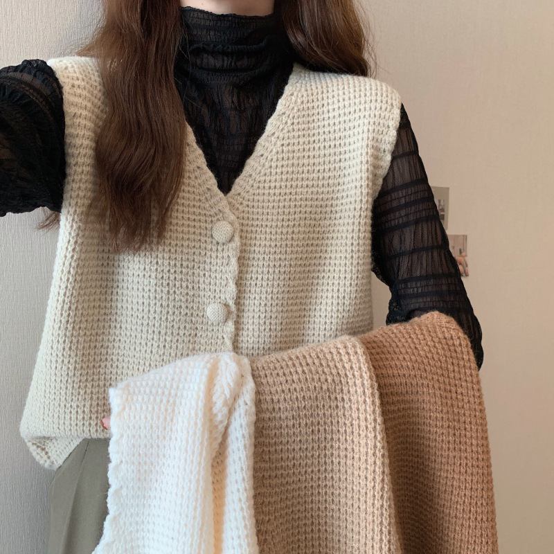 女性ショートニットベスト春秋ノースリーブシングルブレストカーディガンセーター韓国ヴィンテージカジュアルニットタンクトップ
