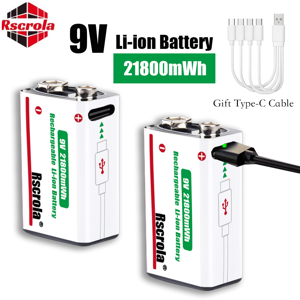 長持ち 9V リチウムイオン充電式バッテリー 21800mWh 高容量ギターマイク煙探知機ペダル用ケーブル付き