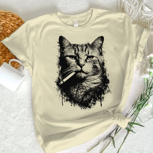 野生喫煙猫プリント Tシャツ男性女性ロックスタイル動物ミーム子猫ストリートカジュアル半袖男性おかしい Tシャツ