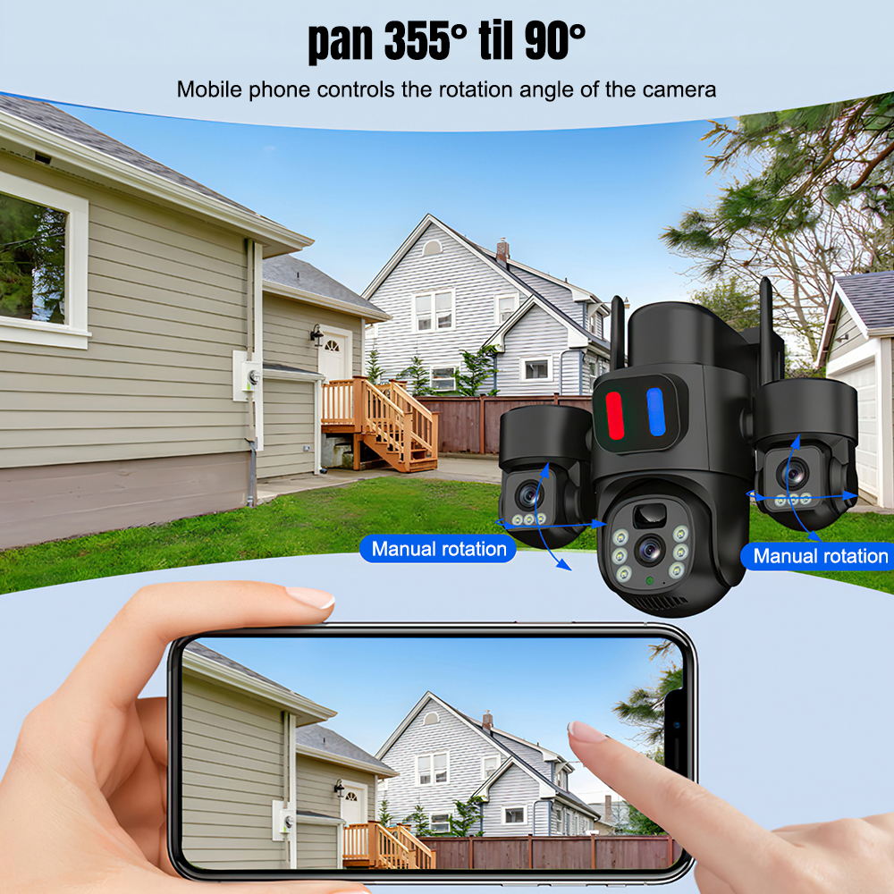 太陽光発電 3 レンズセキュリティカメラワイヤレス WiFi PTZ カメラ 3 画面フルカラーナイトビジョン動体検知音光警報屋外監視カメラ