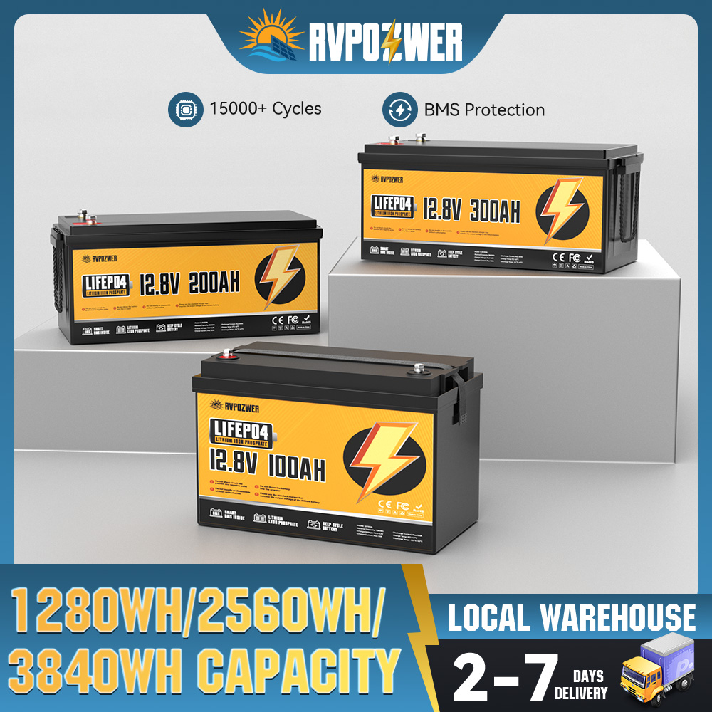 RVPOZWER 12V 100Ah 200Ah 300Ah LiFePO4 バッテリー充電式セル 15000 サイクル BMS 付き RV/バン/キャンプ/家庭用保管/ソーラー