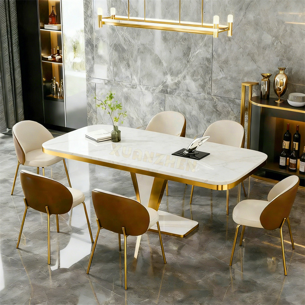 #Marble Modern Dining Table Set Rectangle Dinning Table 150x90x75cm Set 6 Chair