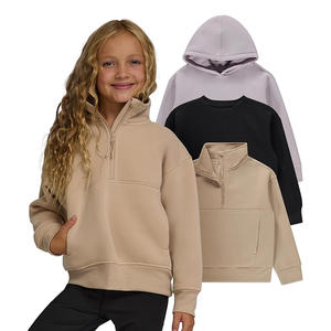 OEM・ODM 子供用・女の子用服のファスナー 100%コットン 無地 フード付きスウェットシャツ ドロップショルダー ゆったり袖 オーダーメイド 1/4ファスナー付きスウェットシャツ