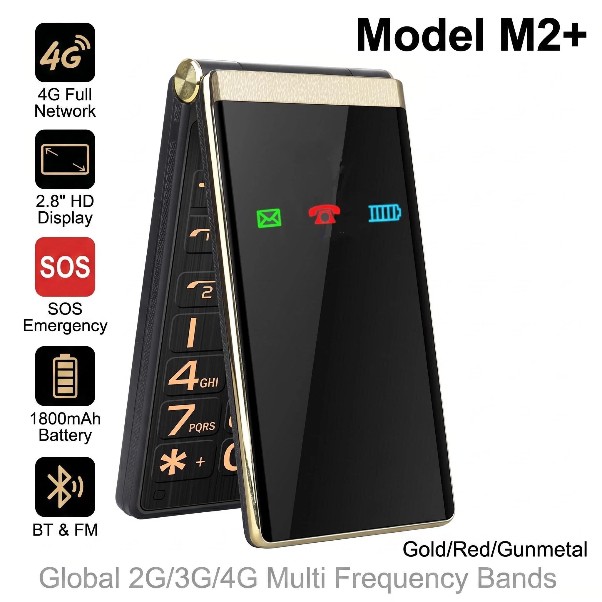 YEEMI M2 LTE 4 グラムフリップ携帯電話 1800 mAh 2.8 ''スクリーンビッグボタンラウドスピーカー GSM 2 グラム携帯電話無料レザーバッグ懐中電灯