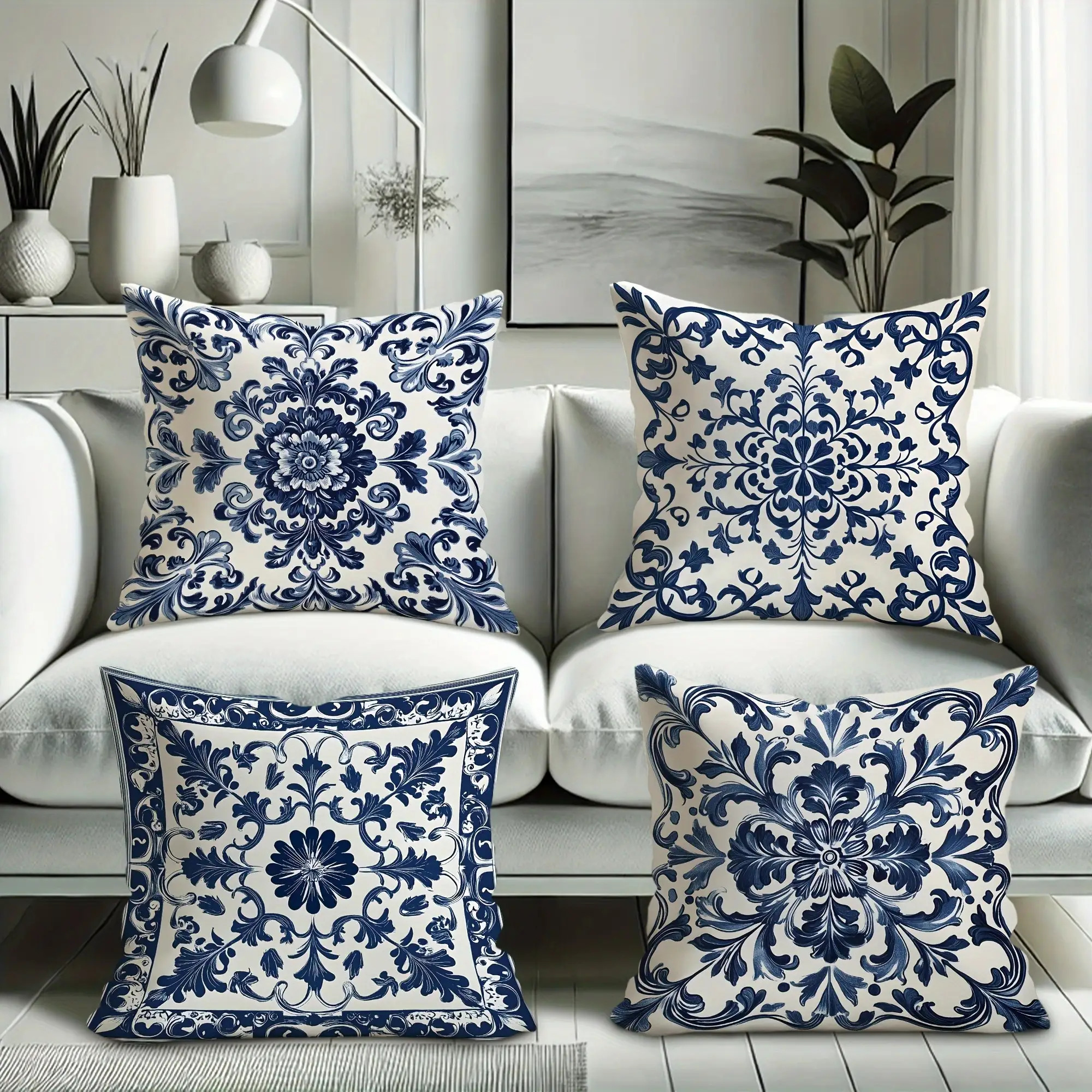 Juego  4 Fundas  Almohada Estilo Bohemio y Floral Blanco, 16, 18, 50.8 cm con Cremallera, Fundas Decorativas Lavables  Pol