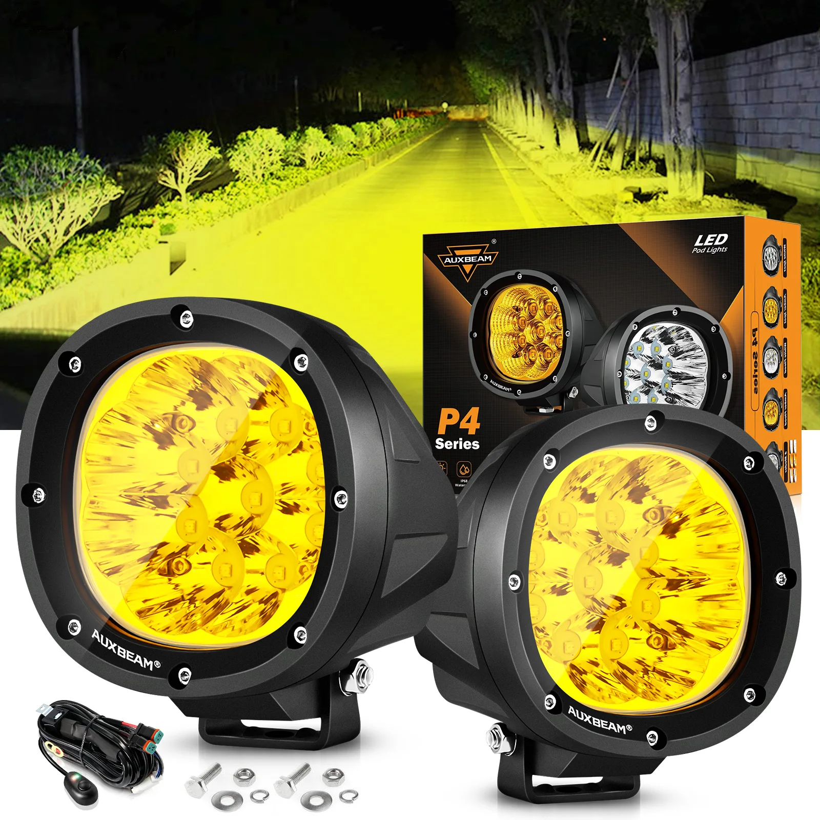 AUXBEAM 4 インチラウンド LED フォグランプアンバーイエローワークライト 3535 LED スポットフラッドドライビングライトジープラングラートラック SUV ATV UTV