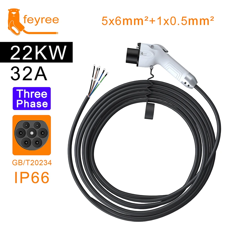 Feyree GB/T 充電プラグ EV 充電ケーブル 5 メートル 32A 7KW 16A 3.5KW 1 相 11KW 22KW 3 相車の充電ステーション電気自動車用