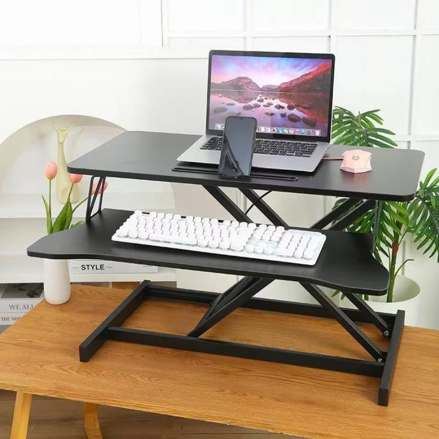 高さ調節可能なスタンディングデスクコンバータ、デュアルモニターとラップトップスタンド付きワイドキーボードトレイ付き、ホームオフィス25.6ワークスペース用