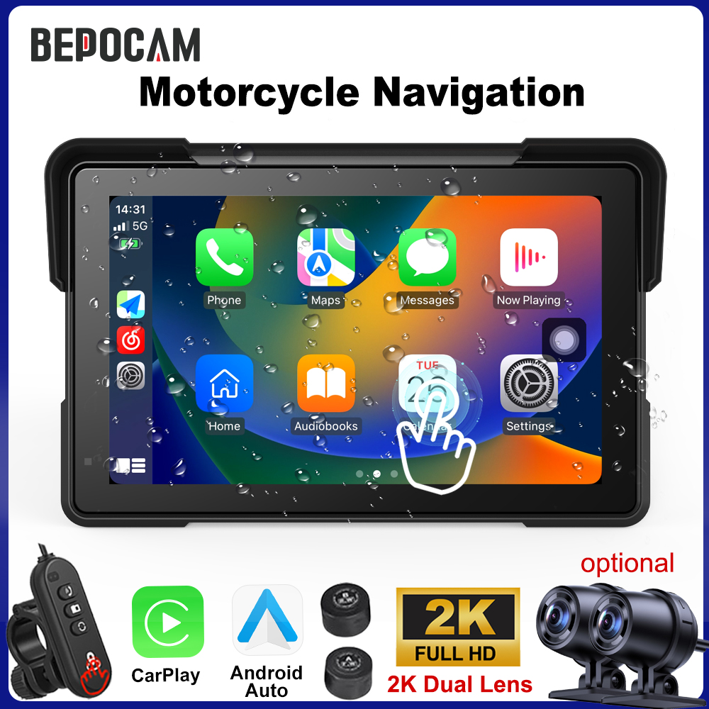 BEPOCAM 5/7 ''Carplay オートバイ DVR ナビゲーション GPS ワイヤレス CarPlay Android 自動 IPX7 防水表示画面モトモニター