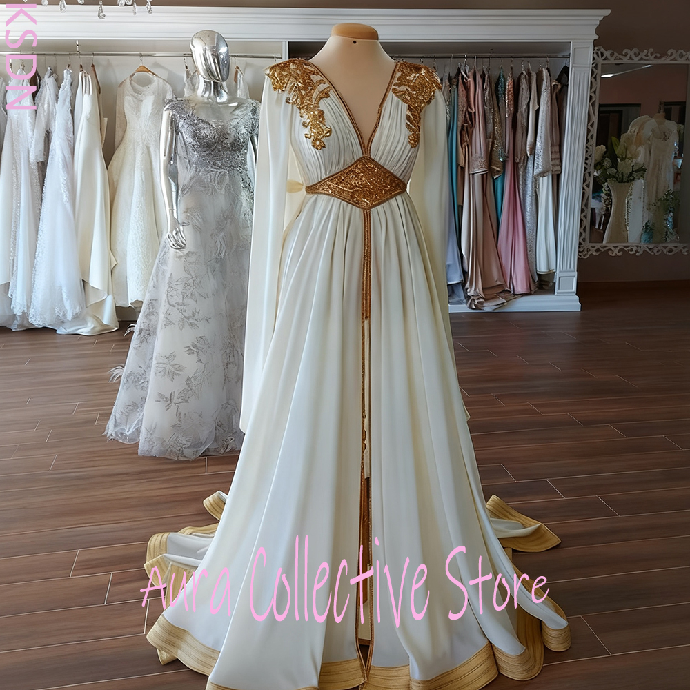 エーテルホワイトマキシ女神ドレスゴールド刺繍ディテール長袖Vネックエレガントフォーマル結婚式イブニングパーティードレス